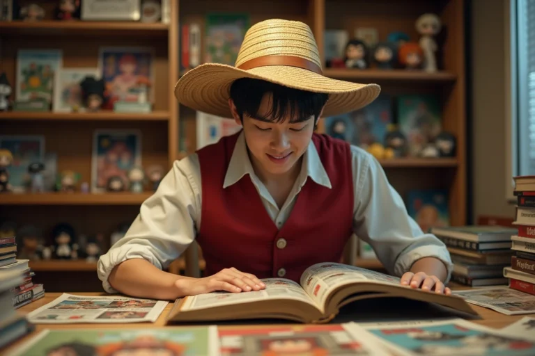 Cosplayeur de Luffy de One Piece lisant le manga chapitre 1141 avec un chapeau de paille et un gilet rouge