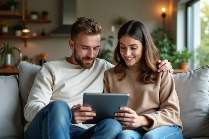 Couple examinant ensemble une offre d'assurance sur tablette dans leur salon pour protéger leur famille