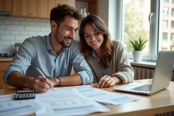 Couple comparant des offres d'assurance emprunteur pour leur crédit immobilier à la maison