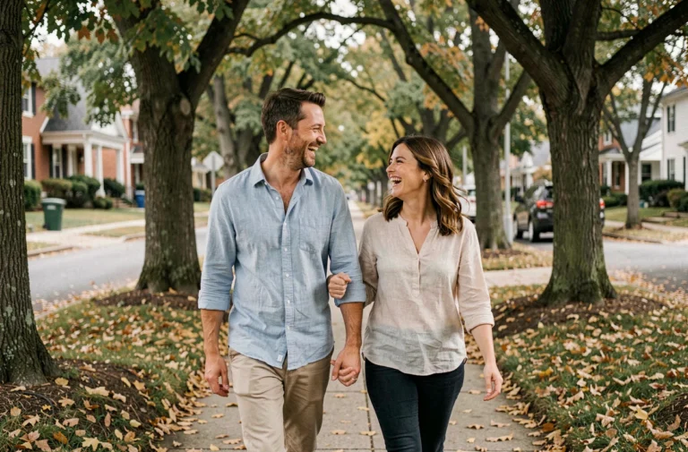 Couple discret se promenant dans un quartier résidentiel paisible en automne, main dans la main, souriant naturellement