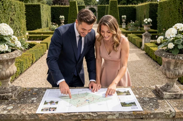 Couple consultant ensemble un plan de site de mariage dans un jardin à la française lors de la préparation de leur visite