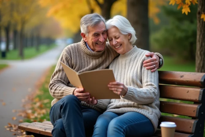 Couple de retraités consultant un guide de planification de la retraite dans un parc en automne