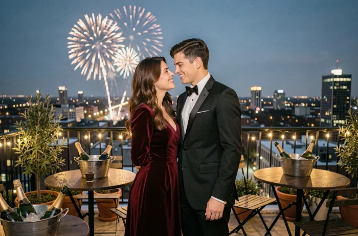 Couple élégant sur un rooftop avec feux d'artifice pour célébrer le Nouvel An 2026