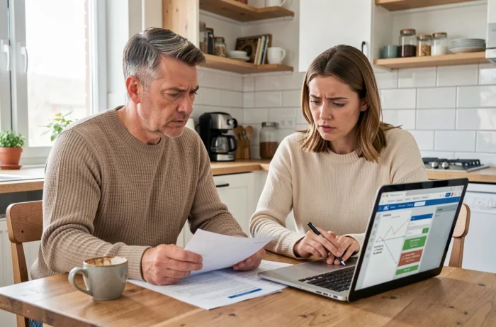 Couple étudiant un dossier de prêt immobilier sur ordinateur à la maison avec simulation de crédit