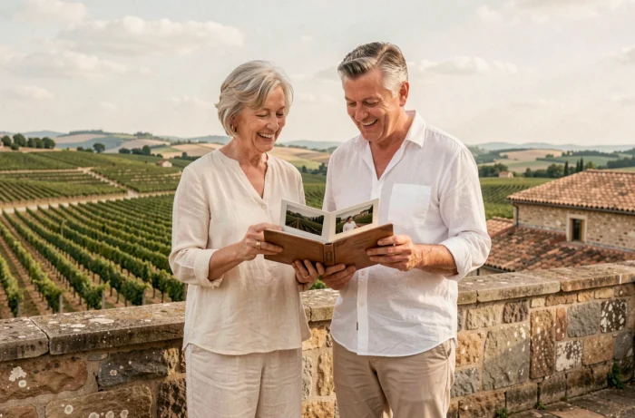 Couple de sexagénaires feuilletant un album photo souvenir sur une terrasse en pierre avec vue sur les vignes lors de leur anniversaire de mariage