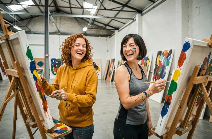 Deux femmes riant en peignant des toiles abstraites dans un atelier d'art contemporain, loisir créatif peinture acrylique tendance