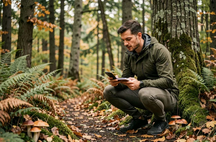 Homme identifiant des champignons sauvages en forêt avec un carnet de terrain, activité nature tendance randonnée mycologie