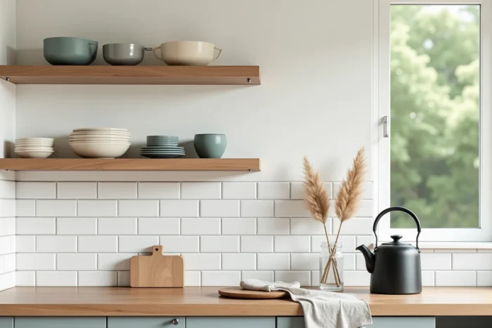 Cuisine minimaliste moderne avec étagères en bois, vaisselle en céramique et plan de travail en bois massif, idées déco pour une maison tendance au quotidien