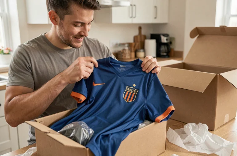 Homme examinant un maillot de football reçu par commande en ligne sur 365jersey