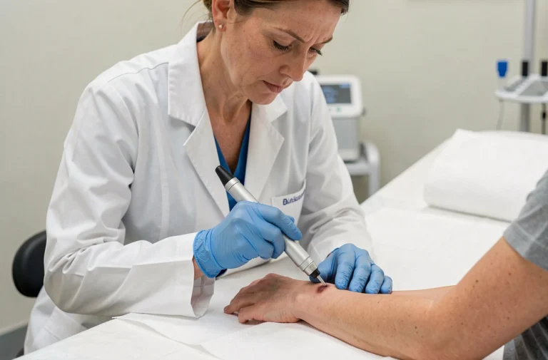 Dermatologue examinant un grain de beauté sur le bras d'un patient avec un dermatoscope lors d'un dépistage du cancer de la peau