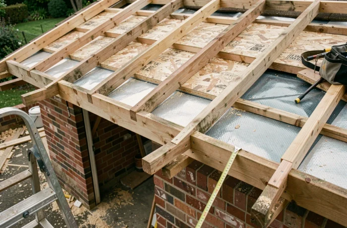 Détail des chevrons et de l'OSB lors de la conversion d'un toit de garage plat en toit à pente