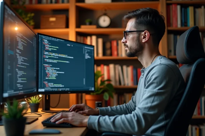 Développeur informatique travaillant sur un contrat intelligent blockchain Robthecoins dans un bureau à domicile