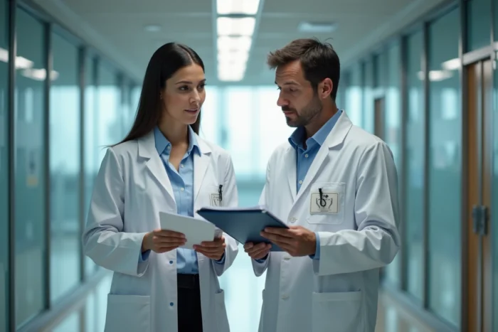 Médecin titré en blouse et professionnel de santé comparant leurs rôles dans un hôpital universitaire
