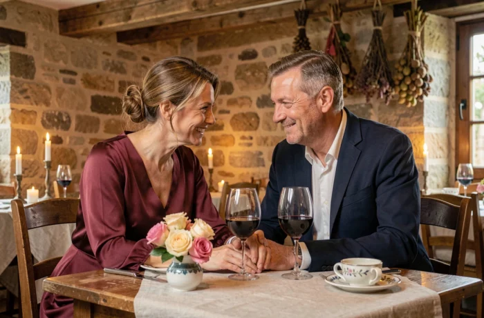 Couple célébrant son anniversaire de mariage lors d'un dîner romantique dans un restaurant rustique en pierre avec roses et vin rouge