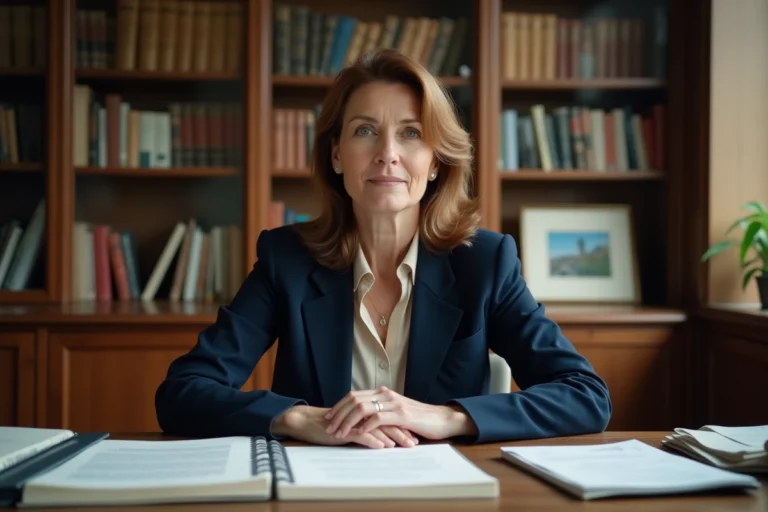 Femme élégante assise à un bureau académique entouré de livres scientifiques et de journaux, évoquant une personnalité intellectuelle liée au monde de la recherche