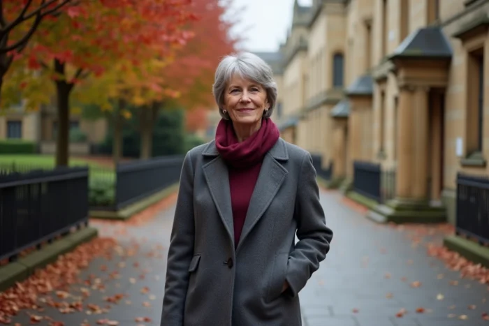 Femme marchant sur une rue pavée de Cambridge en automne, entourée de bâtiments universitaires historiques et de feuilles dorées