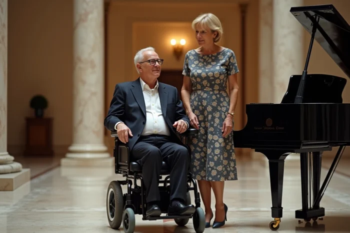 Homme en fauteuil roulant et femme élégante dans un hall de concert classique, évoquant la relation entre Elaine Mason et Stephen Hawking dans un cadre culturel raffiné