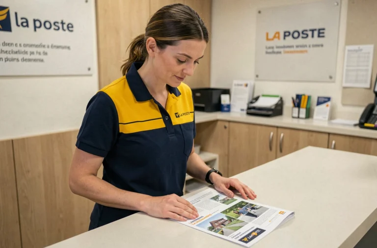 Employée La Poste consultant le catalogue Mon Espace Habillement au comptoir d'un bureau de poste moderne
