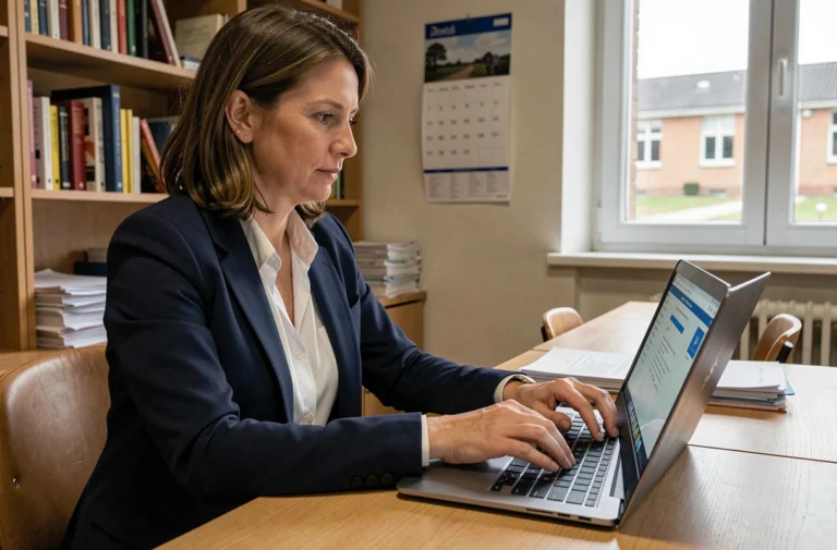 Enseignante de l'académie de Versailles se connectant à son webmail académique sur un ordinateur portable dans une salle des professeurs