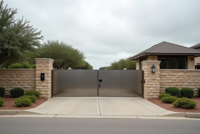 Entrée sécurisée d'un complexe résidentiel privé au Texas avec portail en acier et poste de garde