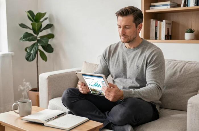Entrepreneur consultant des ressources business incontournables sur une tablette dans un bureau à domicile