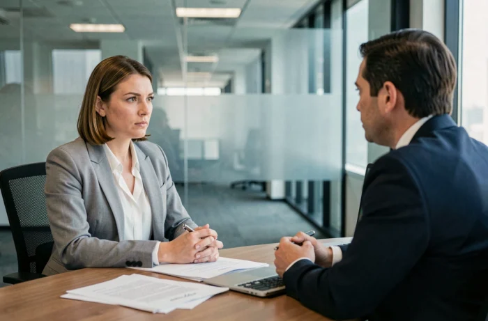 Entretien entre une employée et un responsable RH concernant une suspension de contrat de travail en entreprise
