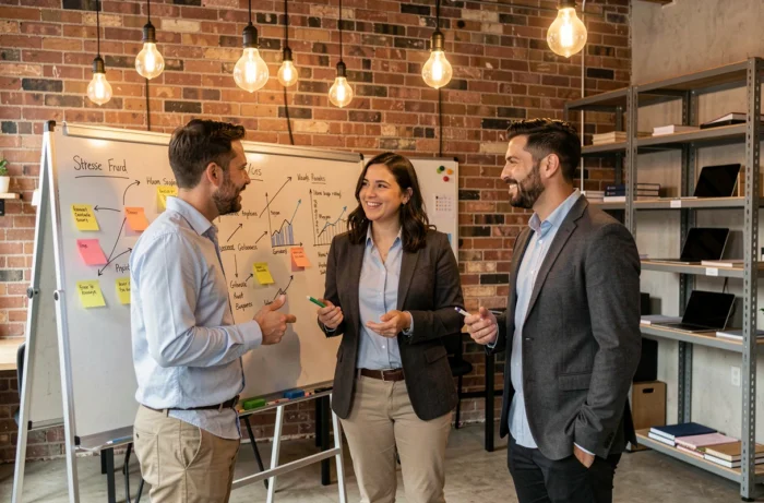 Équipe d'entrepreneurs collaborant autour de ressources stratégiques business dans un espace de coworking
