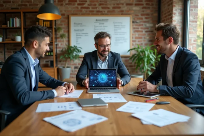 Équipe d'entrepreneurs analysant une stratégie blockchain Robthecoins autour d'une table de conférence en startup