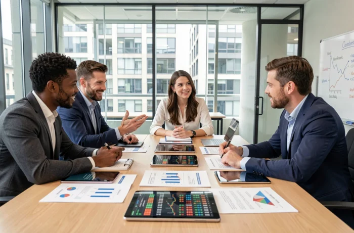 Équipe de professionnels discutant de stratégie d'investissement boursier autour d'une table de réunion
