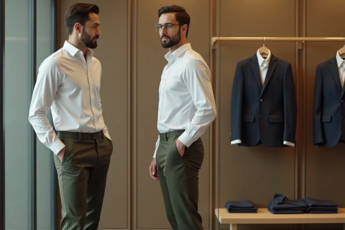 Homme essayant un pantalon slim IKKS en cabine d'essayage pour vérifier la coupe et la taille