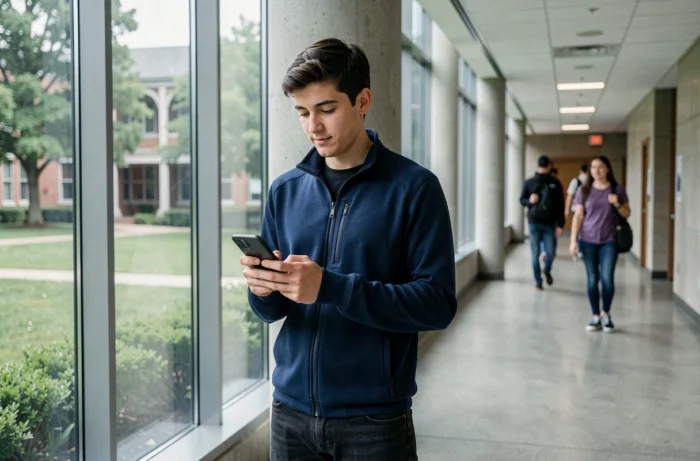 Étudiant masculin de l'UGA accédant à la plateforme Soutien Adom depuis son smartphone dans un couloir du campus universitaire
