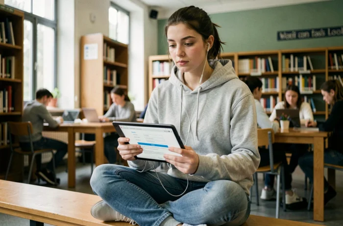 Étudiante accédant au webmail académique de Versailles sur une tablette dans une bibliothèque universitaire