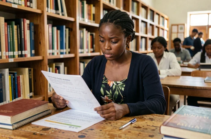 Étudiante en psychologie malgache étudiant des ressources en santé mentale dans une bibliothèque universitaire