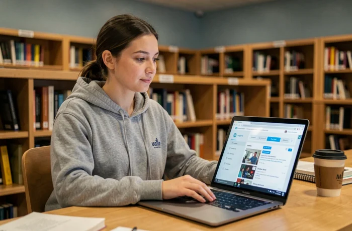 Étudiante de l'UGA consultant la plateforme Soutien Adom sur son ordinateur portable dans une bibliothèque universitaire moderne