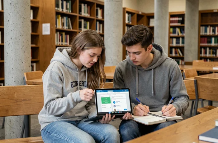 Étudiants apprenant des compétences numériques ensemble sur une tablette dans une bibliothèque universitaire