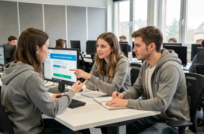 Deux étudiants de l'UGA travaillant ensemble sur la plateforme Soutien Adom dans une salle informatique universitaire de Grenoble