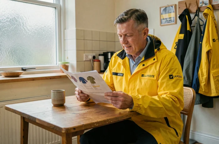 Facteur La Poste consultant son catalogue vestimentaire pendant une pause dans la salle de repos