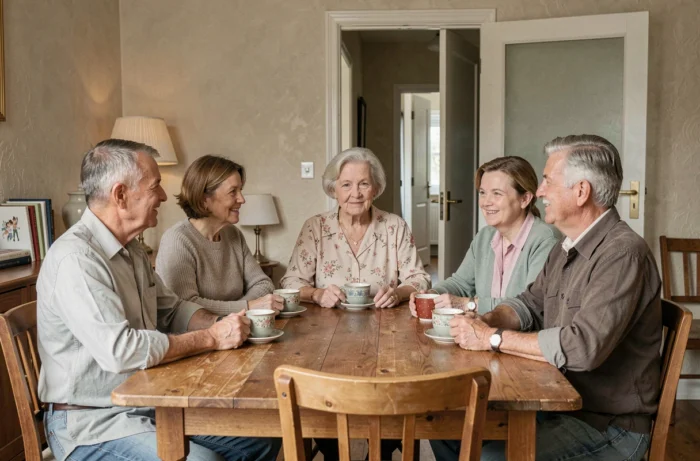 Une famille réunie autour d'un proche en soins palliatifs à la maison, partageant un moment de soutien