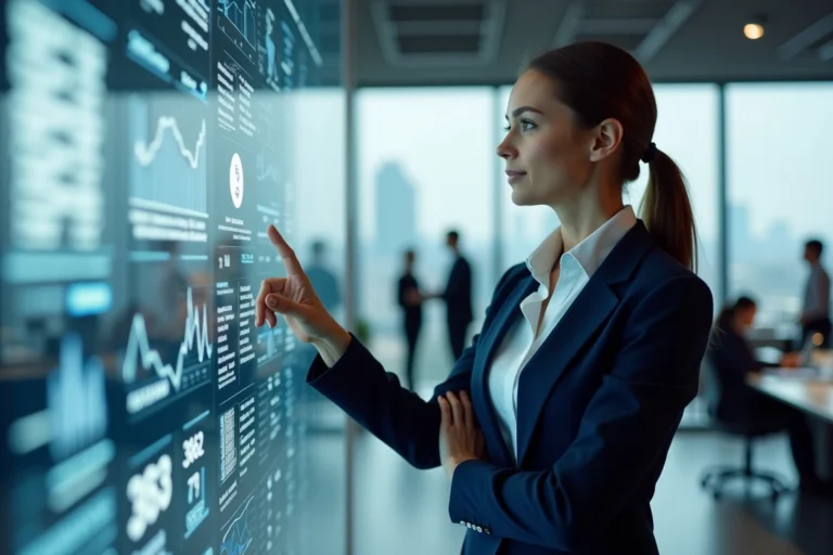 Femme d'affaires présentant des données blockchain Robthecoins sur un écran transparent dans un bureau moderne
