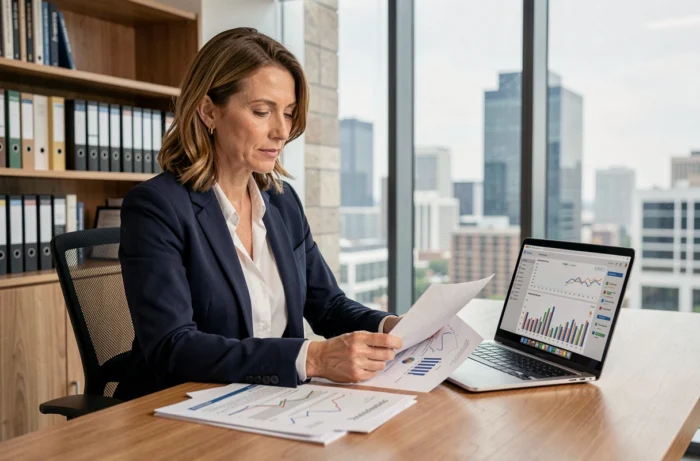 Femme d'affaires analysant des ressources et rapports business sur son bureau dans un bureau moderne en 2024