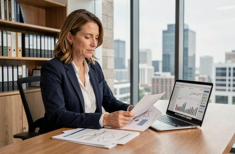 Femme d'affaires analysant des ressources et rapports business sur son bureau dans un bureau moderne en 2024