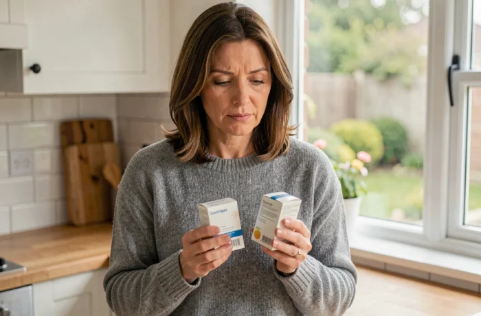 Femme tenant deux boîtes de médicaments dans une cuisine, illustrant la question de la prise simultanée d'un antihistaminique et du Doliprane