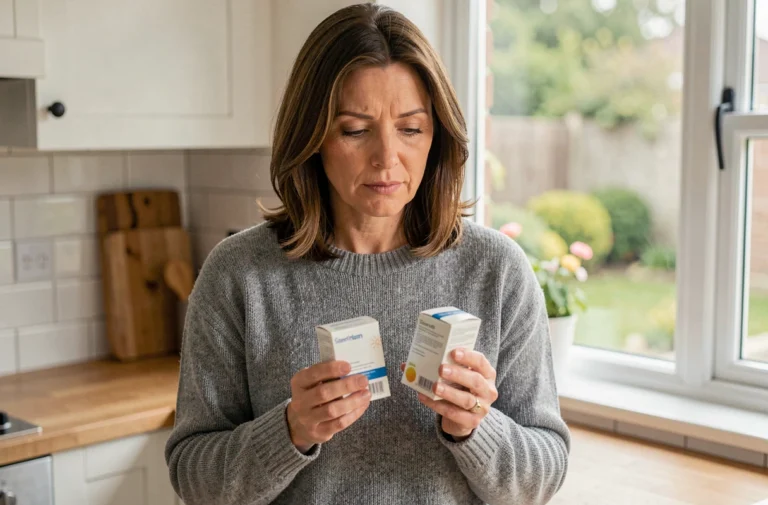 Femme tenant deux boîtes de médicaments dans une cuisine, illustrant la question de la prise simultanée d'un antihistaminique et du Doliprane