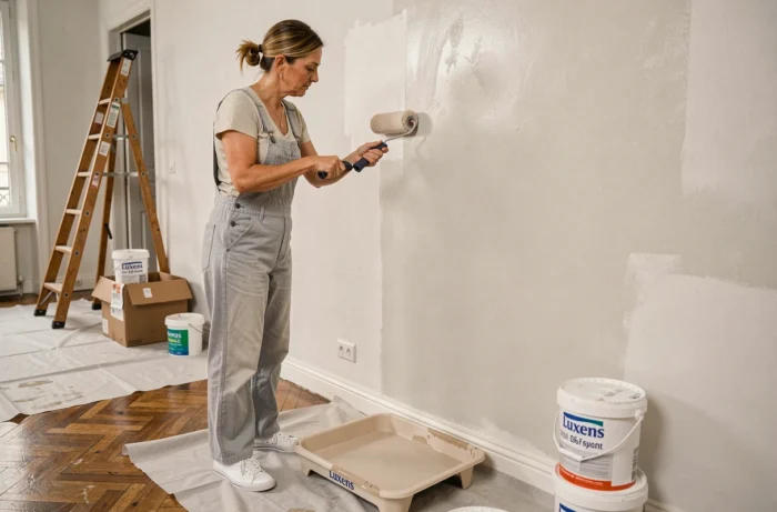 Femme appliquant de la peinture Luxens beige sur un mur intérieur lors d'une rénovation d'appartement