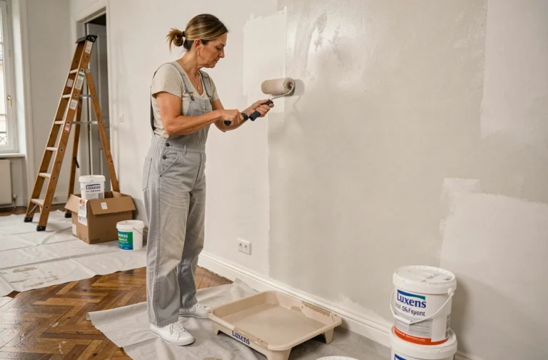 Femme appliquant de la peinture Luxens beige sur un mur intérieur lors d'une rénovation d'appartement