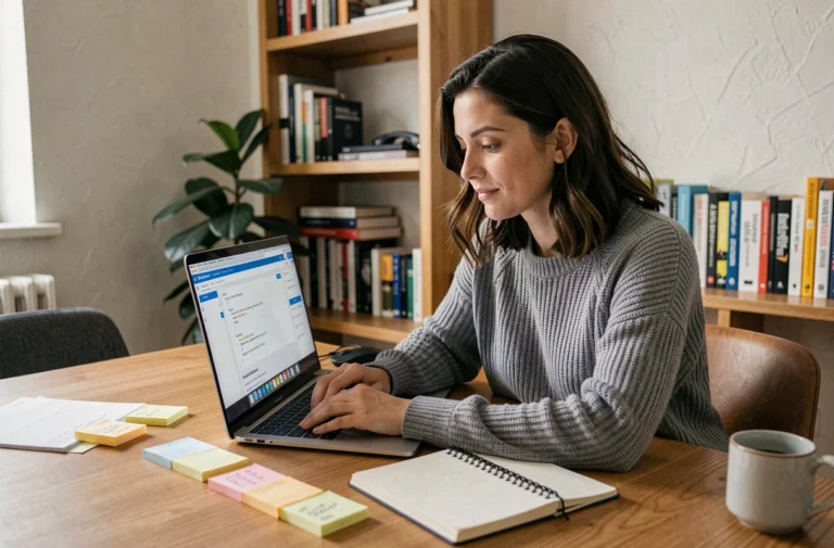 Femme apprenant des compétences informatiques sur un ordinateur portable dans un bureau à domicile moderne