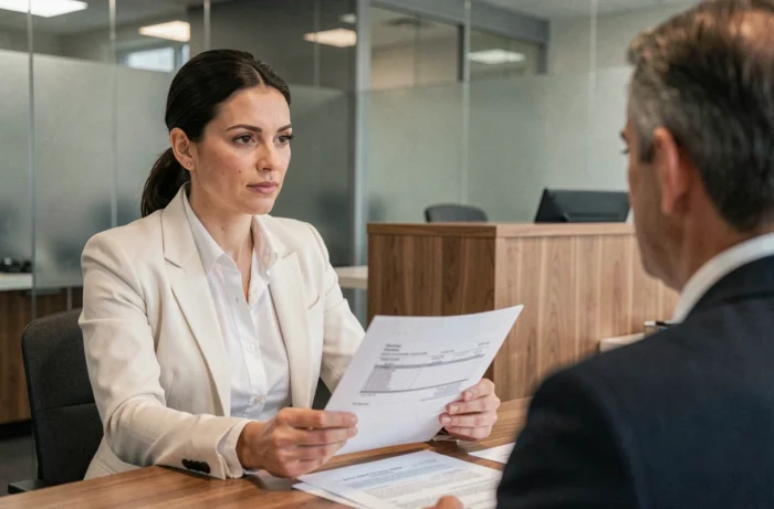 Femme consultant un conseiller bancaire pour un prêt immobilier de 200 000 euros dans une agence moderne