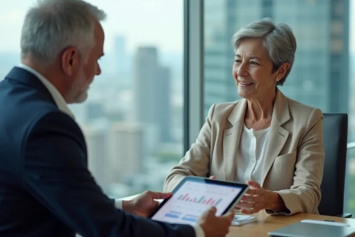 Femme de 60 ans en consultation avec un conseiller financier pour préparer sa retraite