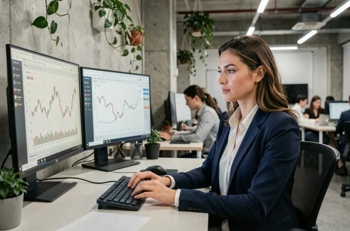 Femme en espace de coworking consultant des outils d'automatisation pour générer des revenus passifs