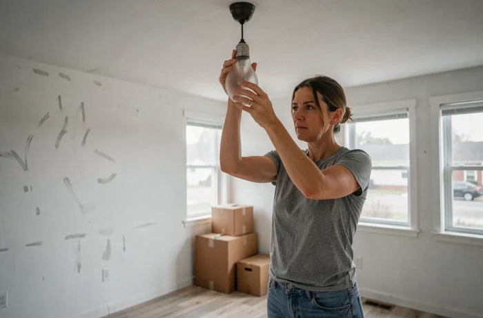 Femme qui dévisse une ampoule lors d'un déménagement dans un appartement vide